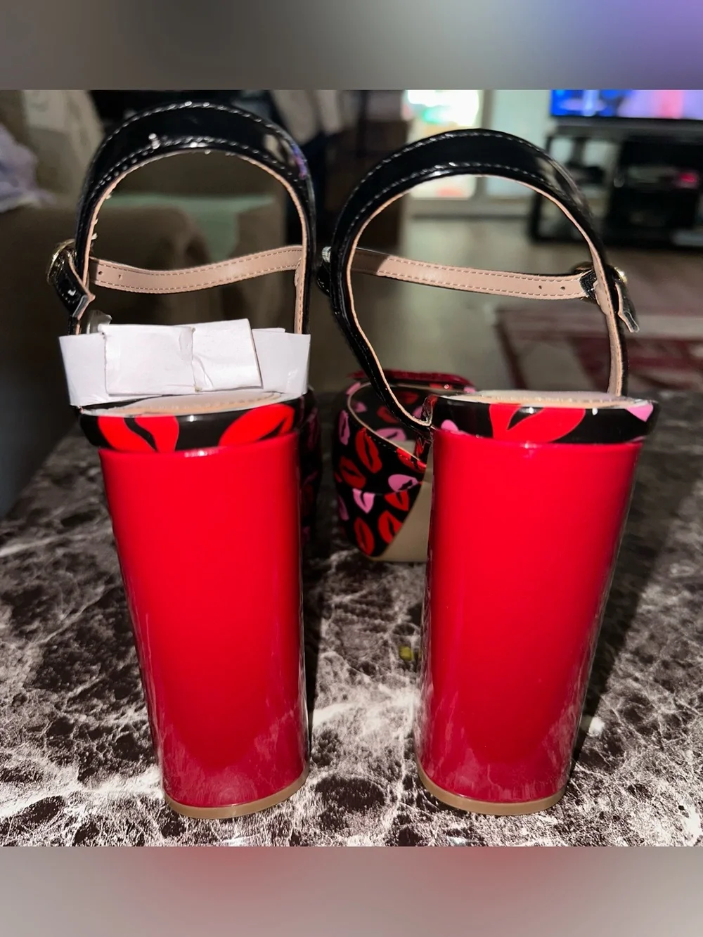 Platform Slingback Sandals in Black with Pink & Red Lip Print. Allyson